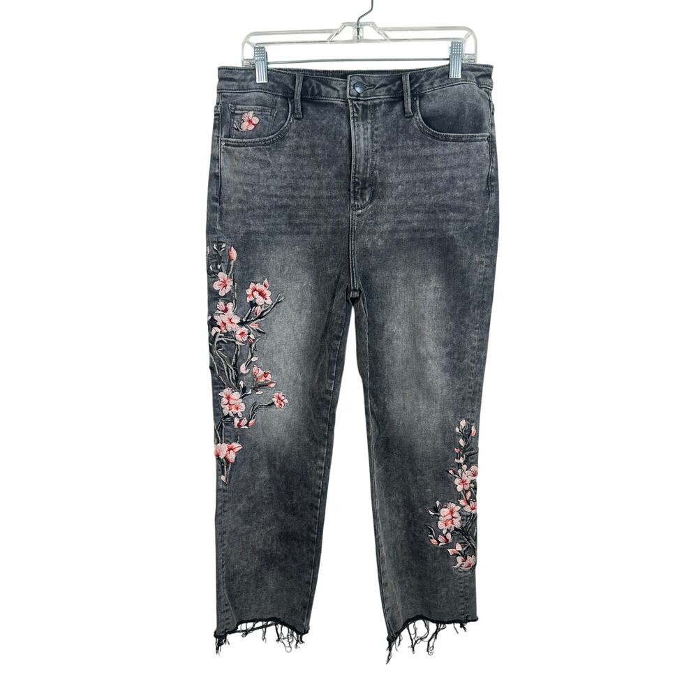 Driftwood Royce Straight Ankle Jeans 32 Grey Sakura Cherry Blossom Embroidered